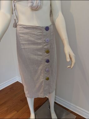 New York & Company Taupe Midi Skirt with Multicolor Buttons